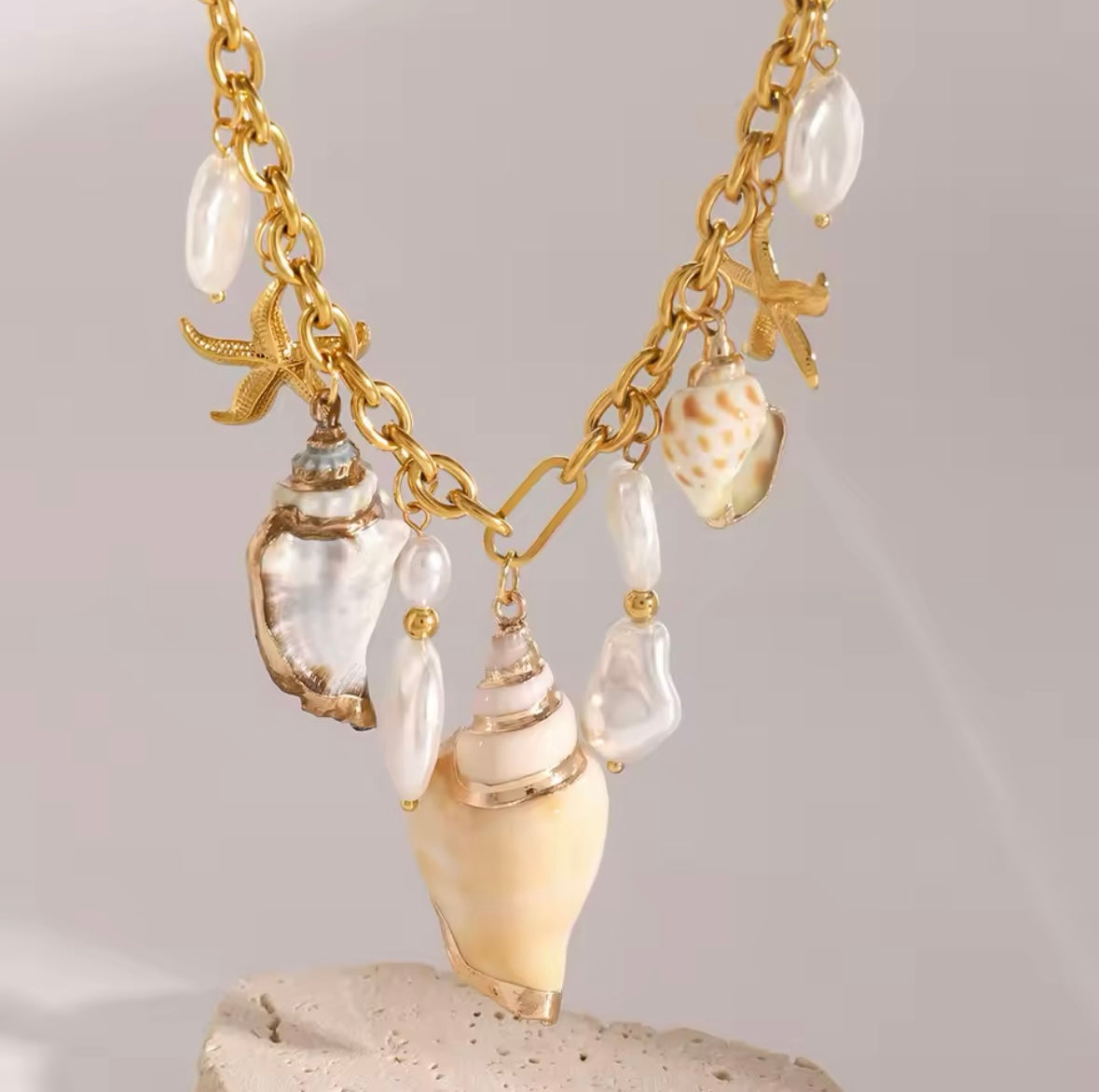 Gold Stainless Steel Charm Shell Necklace - Chic and Trendy Style