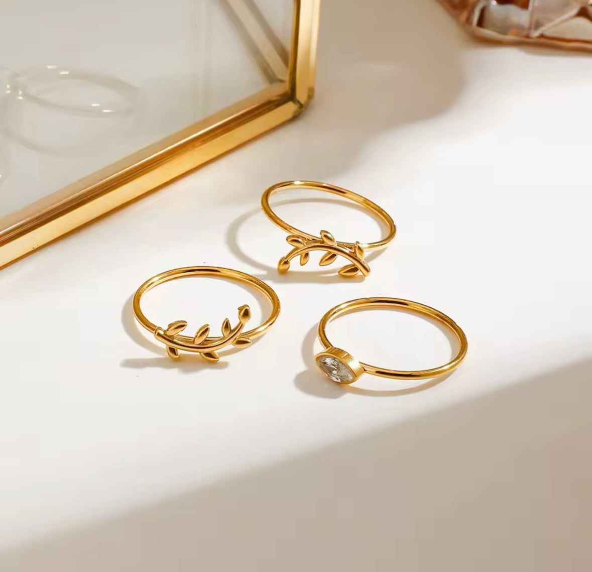 Ensemble de 3 Bagues Feuille Œil de Cheval et Diamant – Acier Inoxydable, Bagues Empilables Élégantes pour Femmes
