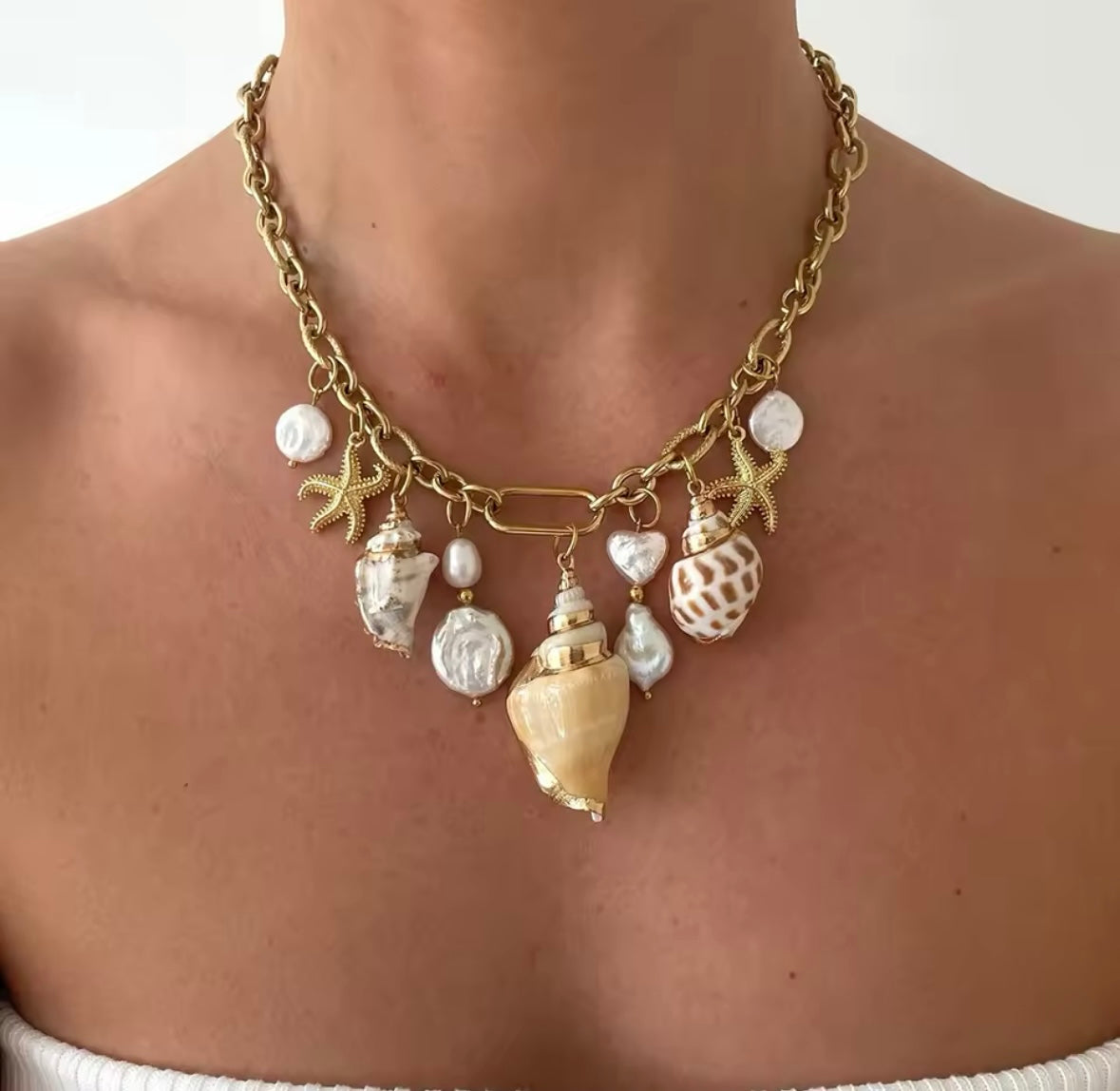 Gold Stainless Steel Charm Shell Necklace - Chic and Trendy Style