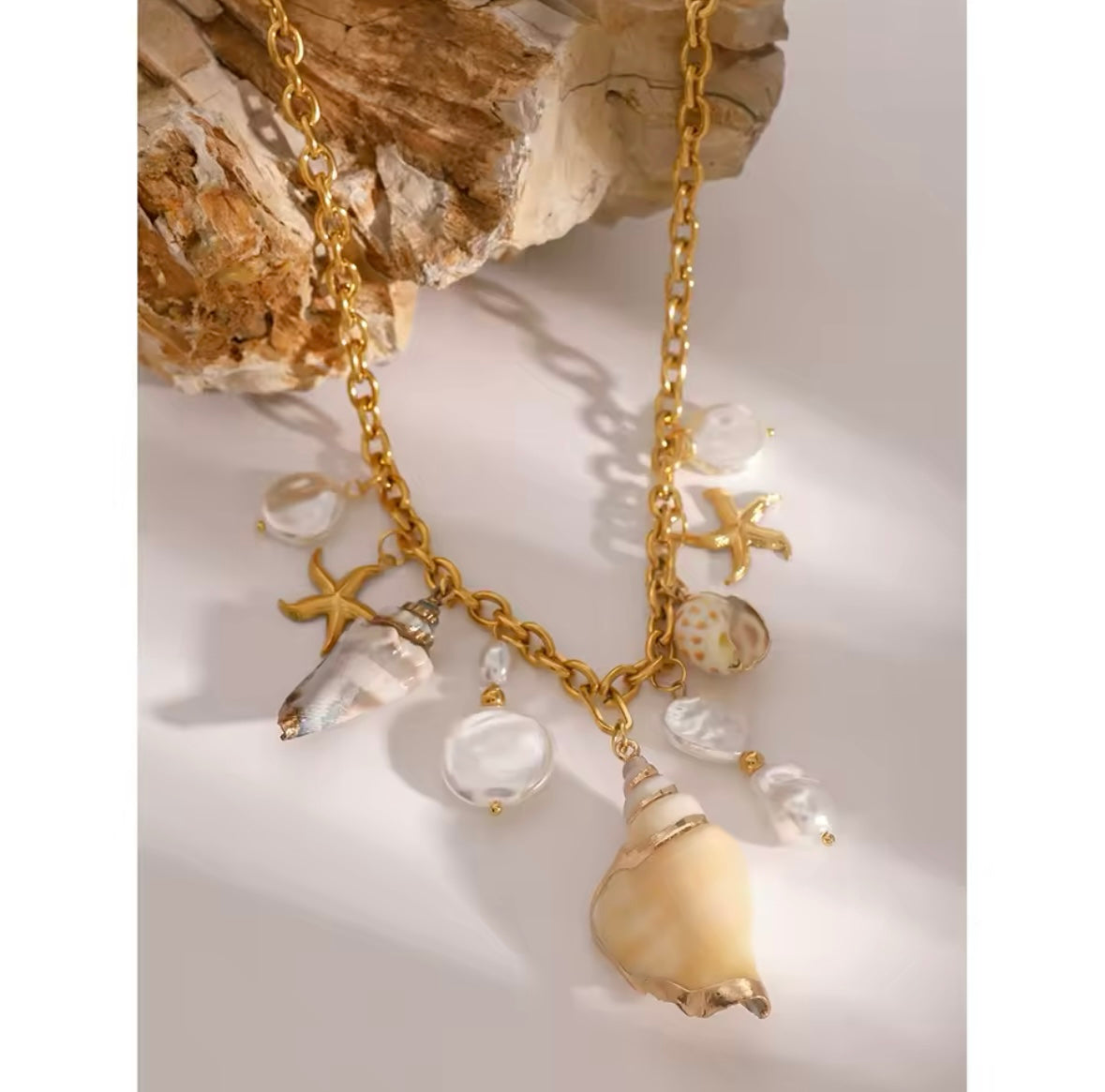 Gold Stainless Steel Charm Shell Necklace - Chic and Trendy Style
