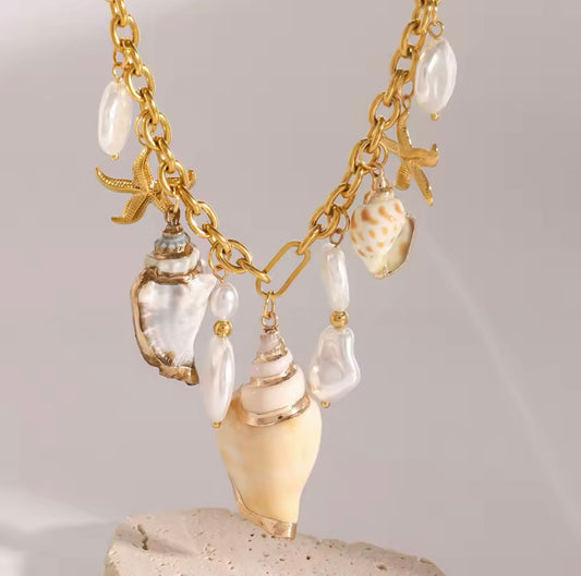 Gold Stainless Steel Charm Shell Necklace - Chic and Trendy Style