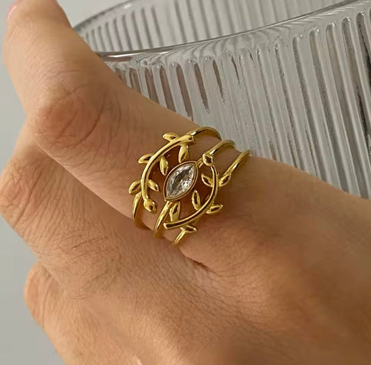 Ensemble de 3 Bagues Feuille Œil de Cheval et Diamant – Acier Inoxydable, Bagues Empilables Élégantes pour Femmes