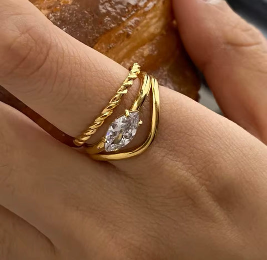 Ensemble de 2 Bagues Œil de Cheval Strass – Double Couche, Design Évider et Torsions, Bijou Élégant pour Femmes