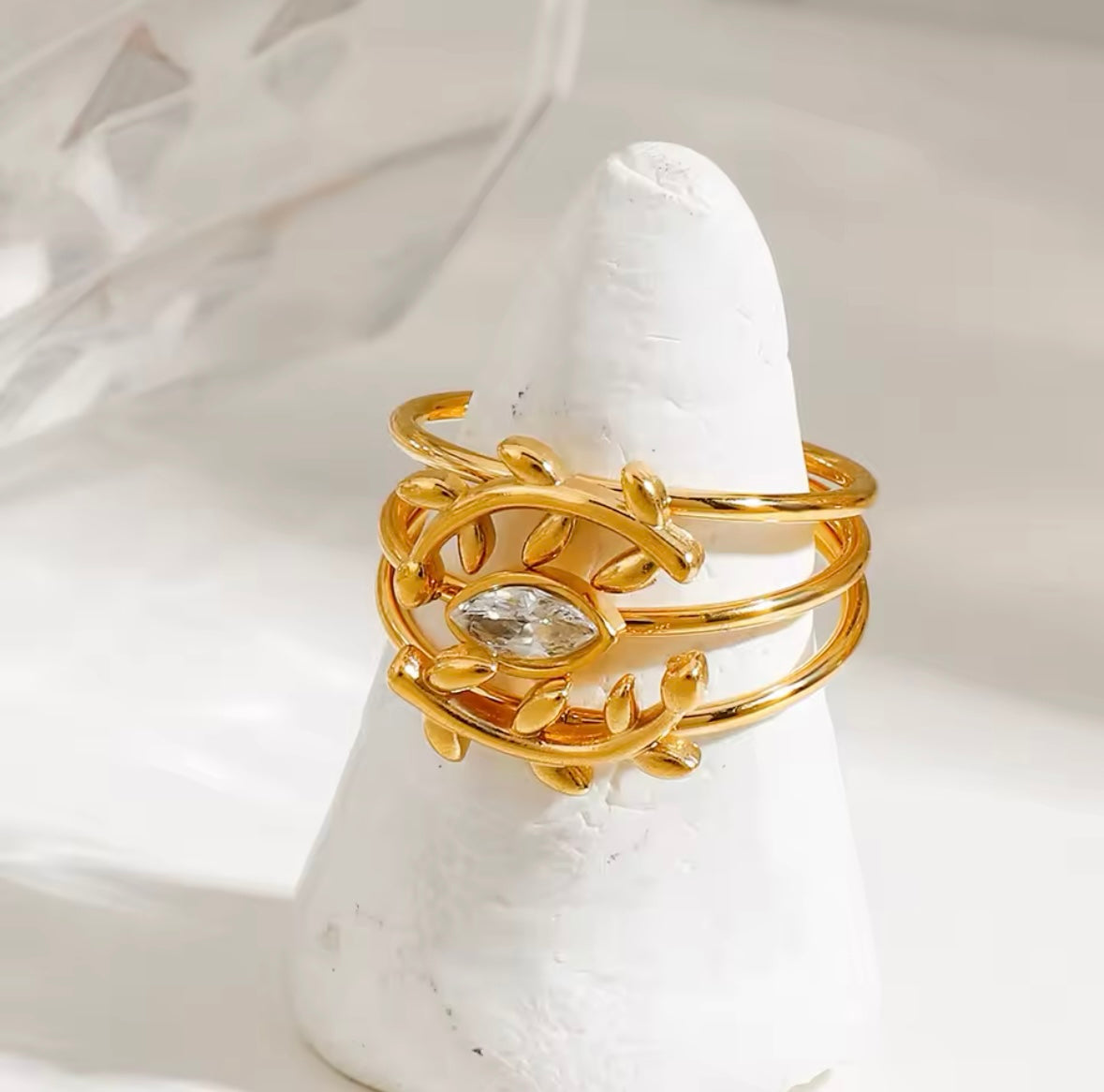 Ensemble de 3 Bagues Feuille Œil de Cheval et Diamant – Acier Inoxydable, Bagues Empilables Élégantes pour Femmes