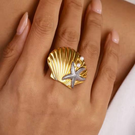 Bague Minimaliste Étoile de Mer et Coquillage – Design Plage, Ouverte et Réglable – Bijou Élégant pour Femmes
