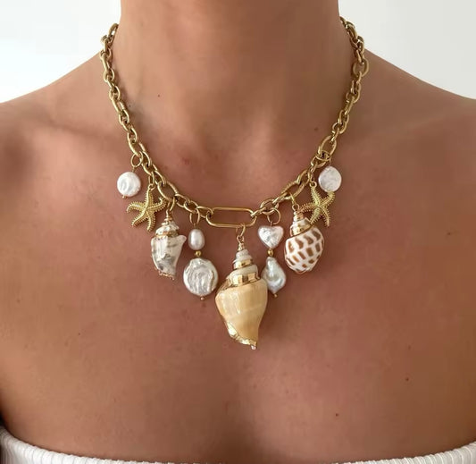 Gold Stainless Steel Charm Shell Necklace - Chic and Trendy Style