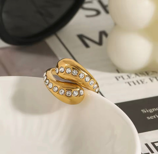 Bague Double Goutte d’Eau en Acier Inoxydable Plaqué Or 18 Carats – Diamant Blanc, Bijou Élégant pour Femmes