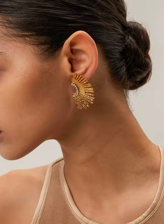 Rhinestone Fan Earrings - 18K Gold Plated Stainless Steel, Elegant and Exquisite Jewelry