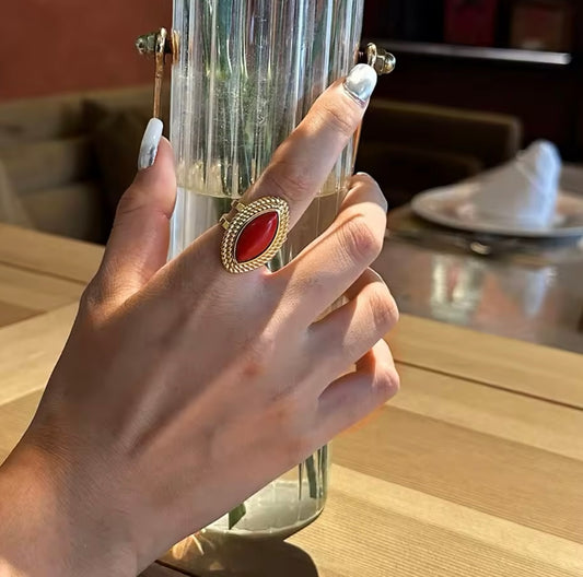 Bague Spirale Océan Vent – 18K Plaqué Or, Œil de Cheval et Soleil Rouge, Bague Empilable Élégante pour Femmes